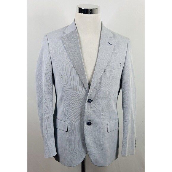 Nautica 38S Seersucker Sport Coat Cotton Blend Blue White Striped Two Button - Picture 2 of 8